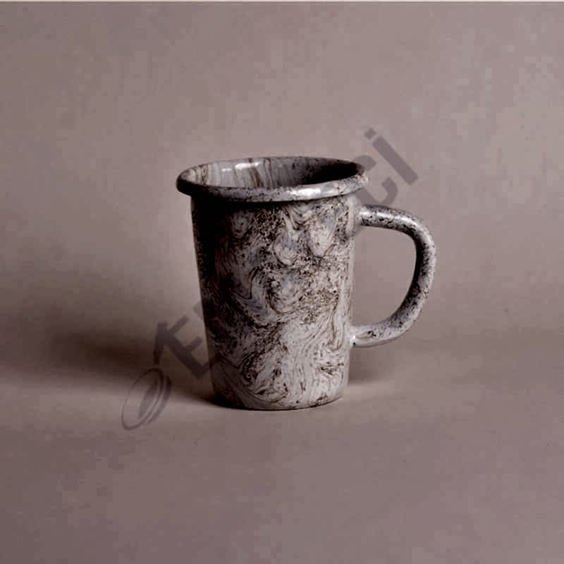Emaye Kulplu Küçük Bardak Ebruli Desen Kahve Beyaz