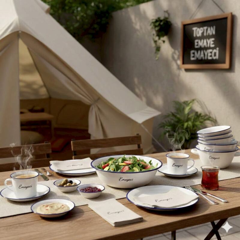 Butik işletmeler ve glamping tesisleri için özel logolu toptan emaye kahvaltı takımı ve servis sunumu.