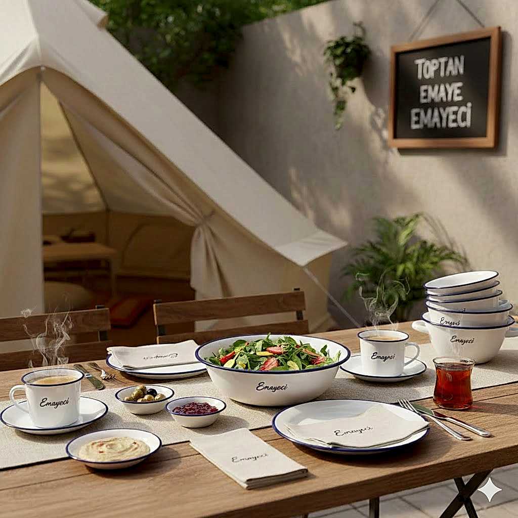 Butik işletmeler ve glamping tesisleri için özel logolu toptan emaye kahvaltı takımı ve servis sunumu.