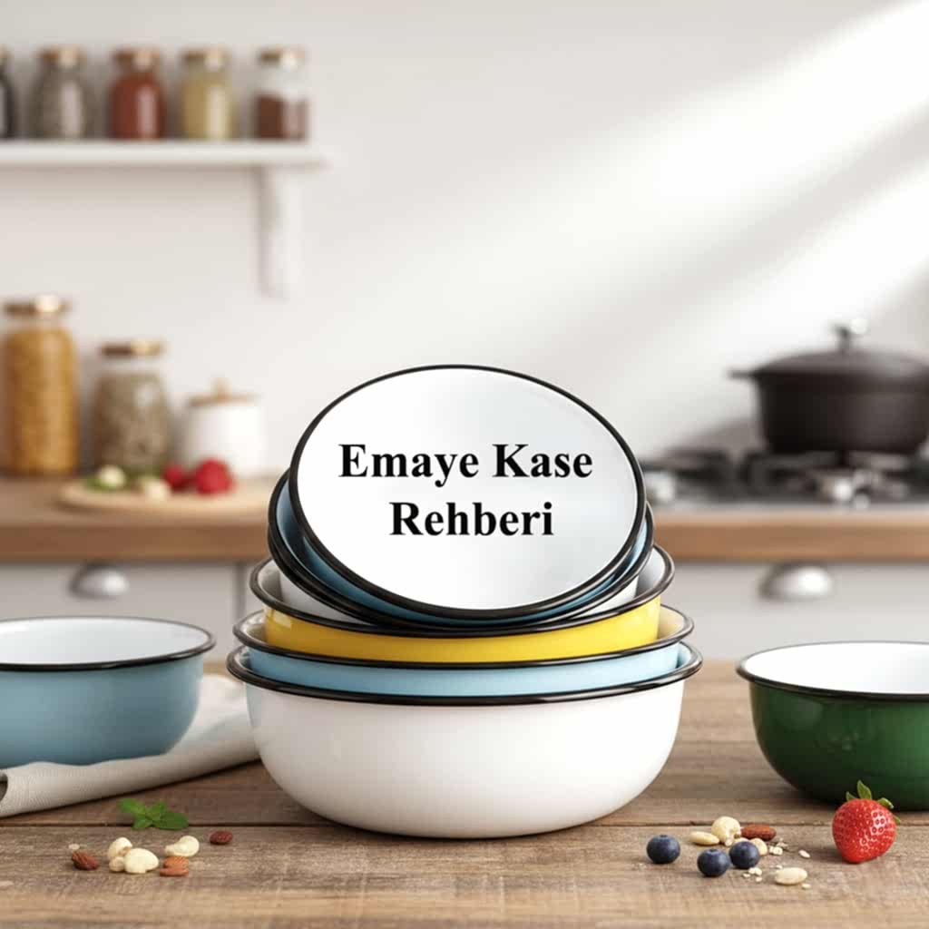 Mutfakta üst üste istiflenmiş farklı renk ve boyutlarda emaye kase modelleri ve emaye kase kullanım rehberi.