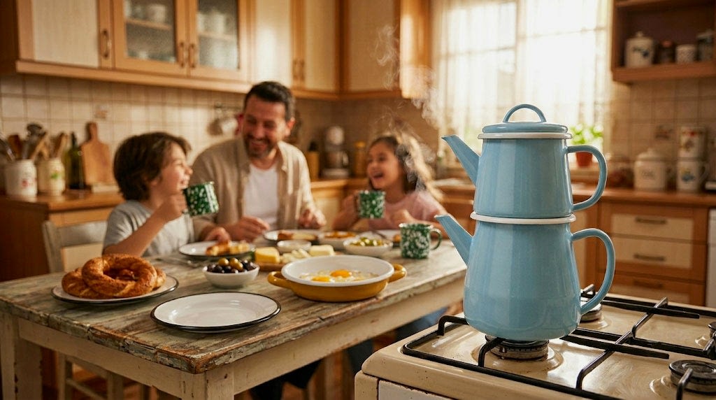 Acik mavi emaye caydanlik gazli ocakta aile kahvaltisi mutfak atmosferi